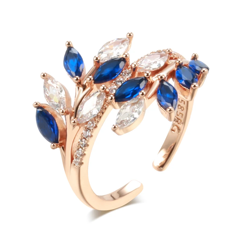 Kinel Luxury Full Paved Blue Purple Green Natural Zircon Open Rings for Women 585 Rose Gold Color Hollow Flower Vintage Jewelry