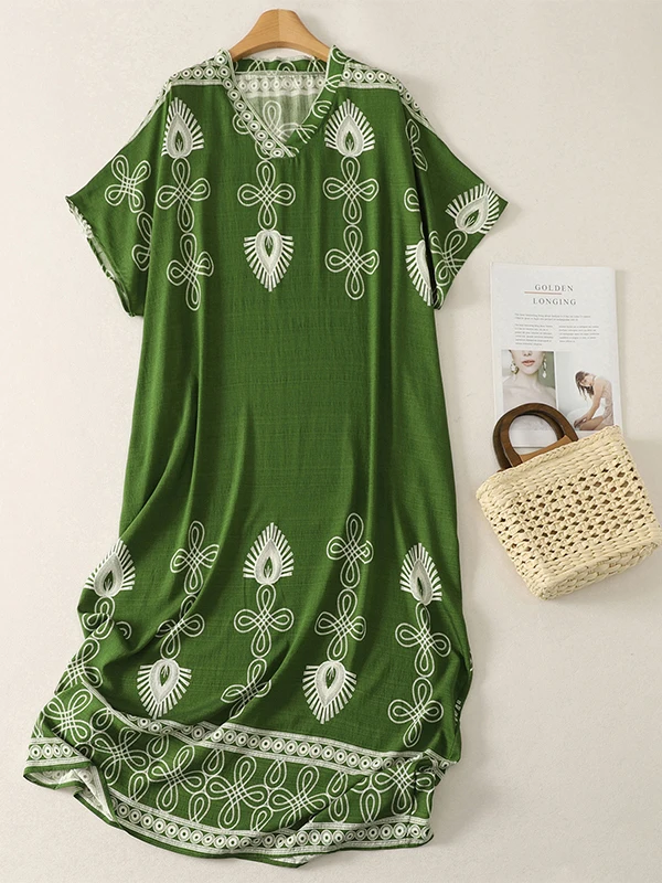 

Summer New plus Size Printed Loose Cotton V-Neck Short Sleeve Long Dress Comfortable Travel Dress Artistic Style Loose Fit