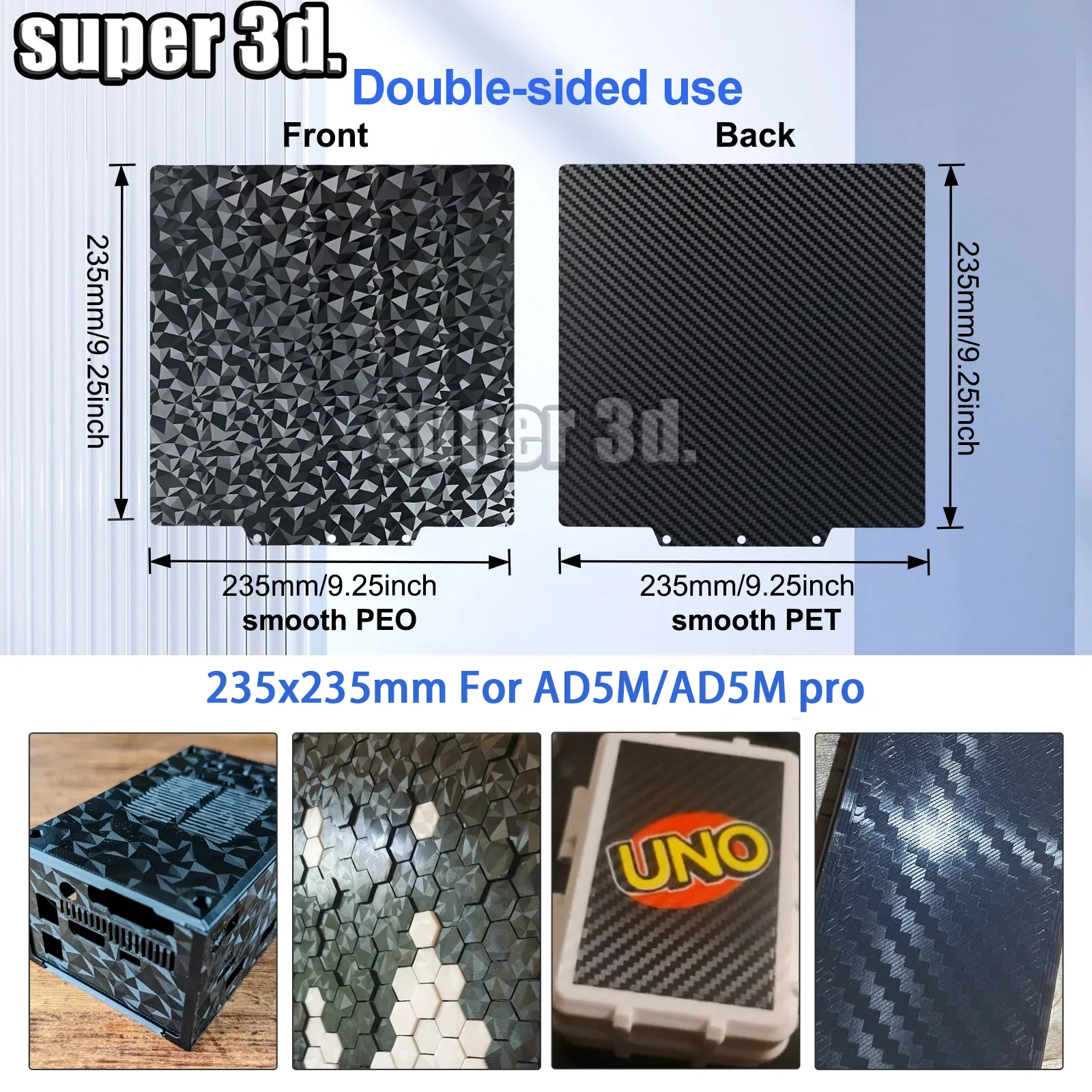 

Flashforge Adventurer 5M, 5M Pro Build Plate AD5M 235x235mm Double Sided Spring Steel Sheet PEI Texture Smooth PEO PET Heat Bed