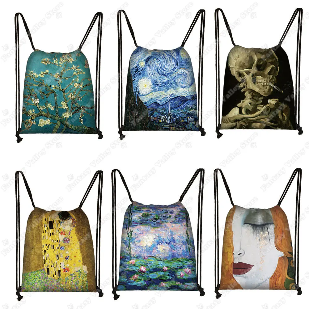 Mochila con cordón para mujer, bolsa de viaje con pintura al óleo, beso, lirios de agua, noche estrellada, Gustav, Klimt, Claude, Monet, Van Gogh