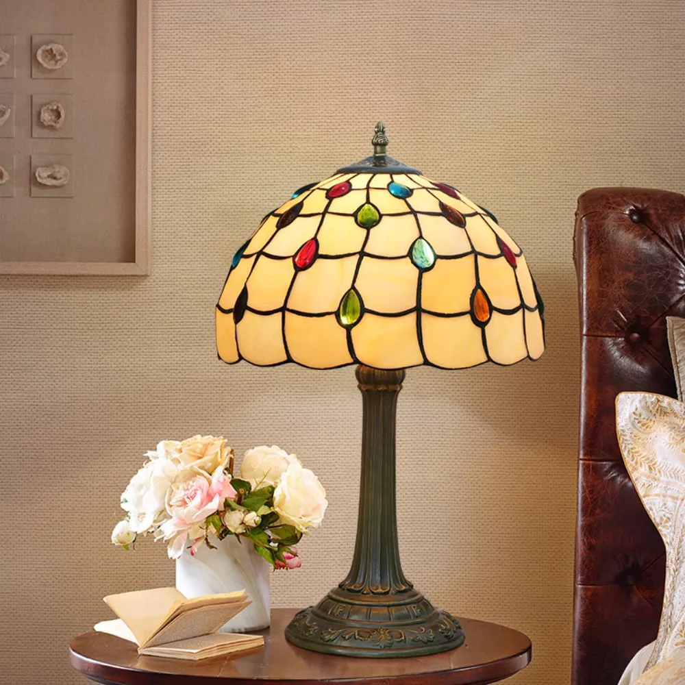 

30cm Tiffany Stained Glass Table Lamp European Retro Colored Beads Guest Dining Room Bar Light Study Bedroom Bedside Desk Lamp