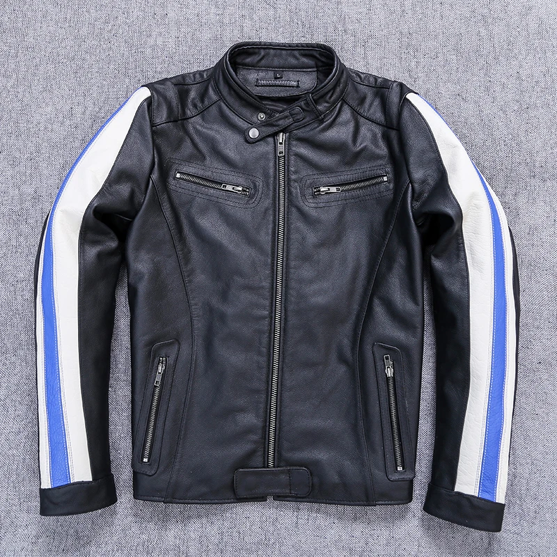 

Men's Motorcycle Jaet Leather ort Coat Korean Sle Slim Fit Head Layer Genuine Cowhide Spring Autumn Stand Collar Coat