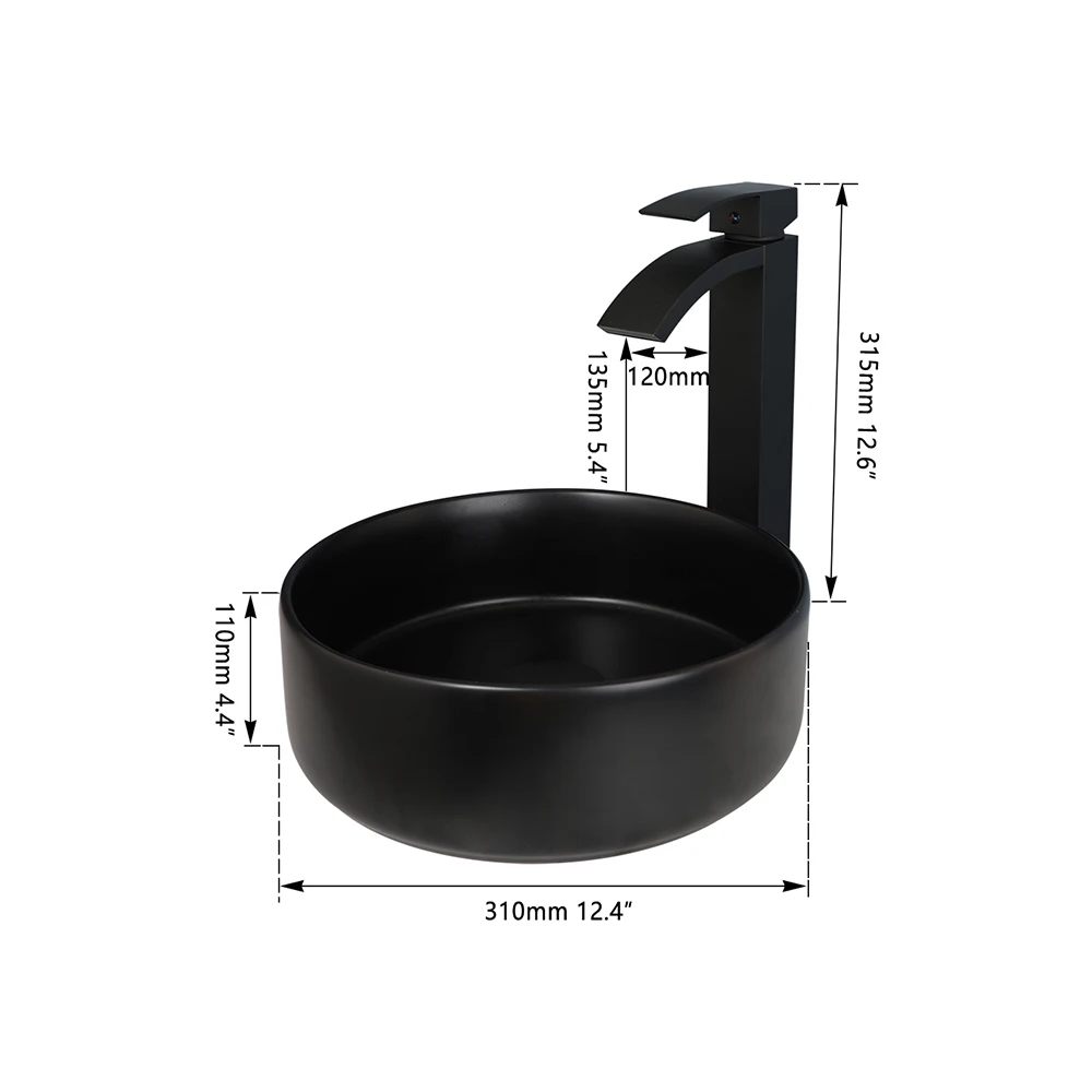 KEMAIDI Matte Black Ceramic Washbasin Round Lavatory Basin Bowl Bathroom Sink Faucet Combo Hot Cold Water Faucets Mixers & Tap