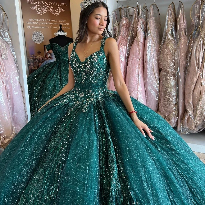 فستان Quinceanera مخصص باللون الأخضر على شكل قلب من EVLAST مزين بالدانتيل والخرز والترتر للحفلات الراقصة فيستدو دي 15 Años TQD028