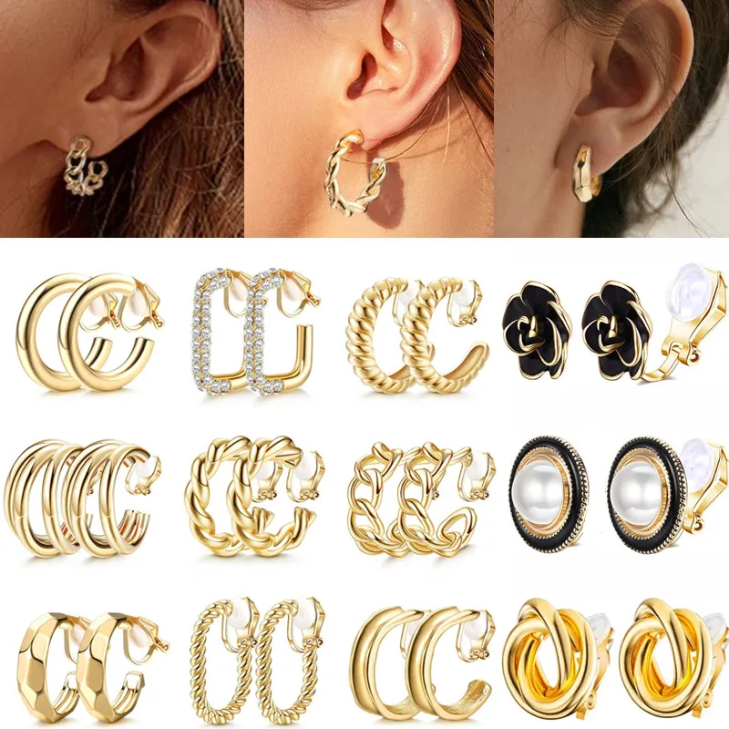 Fashion Fake Gold Clip Earrings For Women Non Pierced Clip On Earring Cz Flower Pearl Twist Knot Cuff Earings Jewelry For Girls