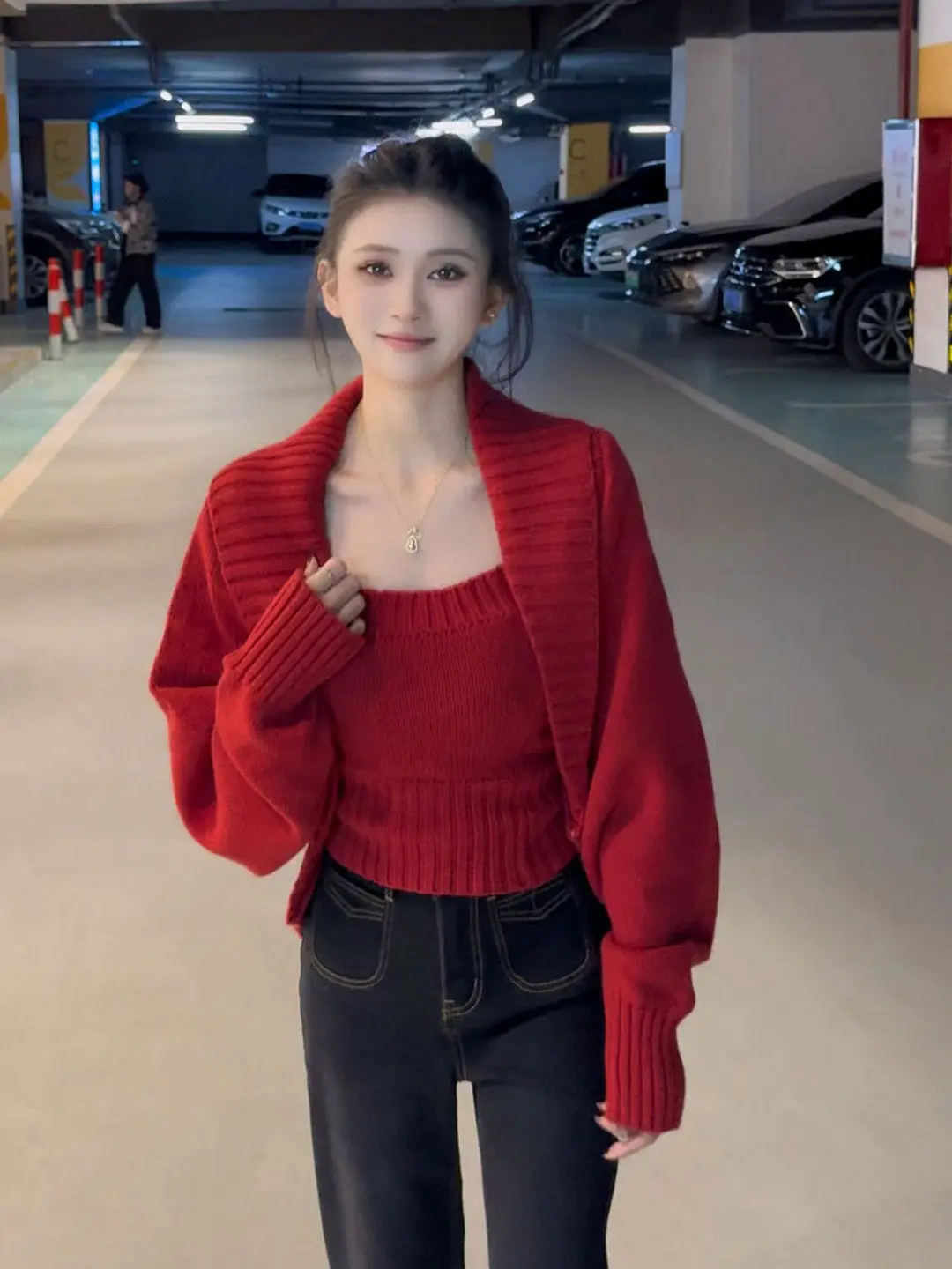 

Красный вязаный свитер, женский комплект Cisas, новогодняя мода, осенне-зимний комплект из двух предметов, мягкая смесь полиэстера, свободный крой