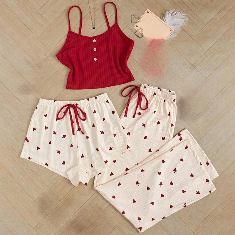 2025 summer Three Piece Vest Shorts and Bow Drawstring pants Casual Women's Cute Heart-Shaped Print Paired with Home Pajamas Set