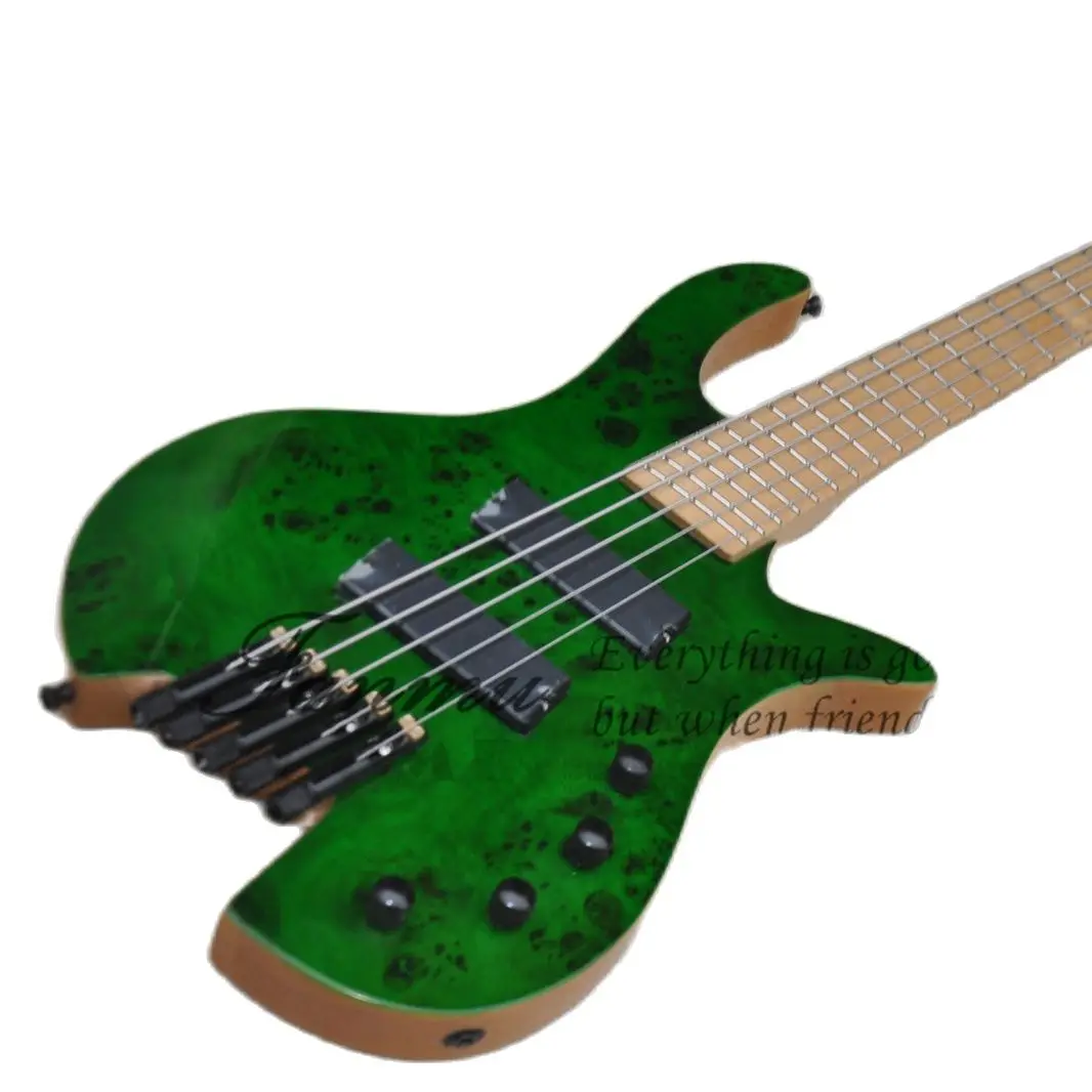 5 String Bass Guitar Headless Bass Green Bass ASH Wood Body Burl Maple Top Maple Neck High-quality Idependent Bridge