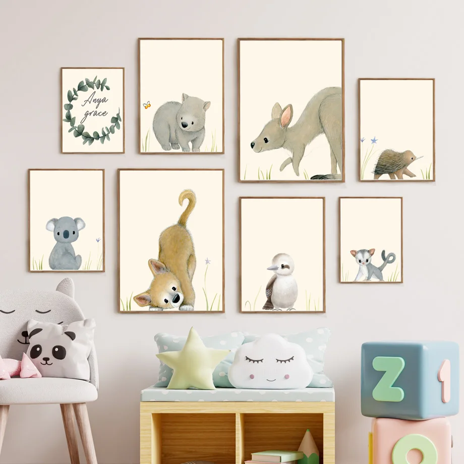 Australiana Kangaroo Wombat Echidna Koala Nursery Wall Art Mural Print Canvas Painting Poster Wall Picture Baby Kids Room Decor