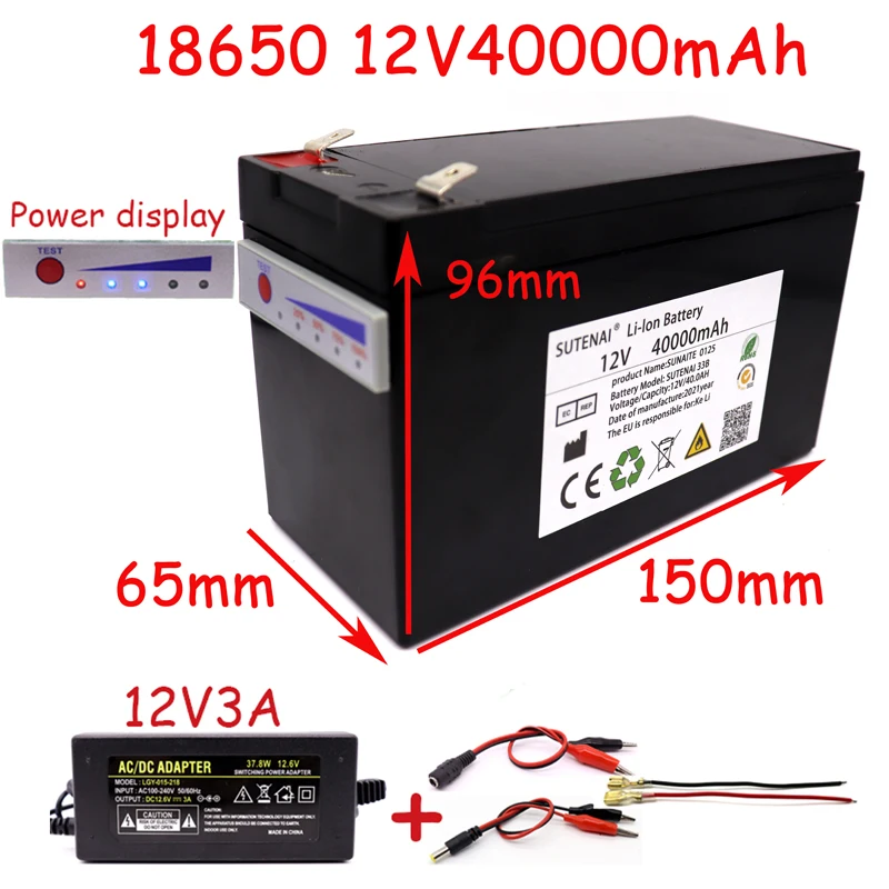 Paquete de batería de litio 18650 de 12V, 40a, pantalla de energía, adecuado para energía solar y batería de vehículo eléctrico, cargador de 12,6 V 3a, nuevo