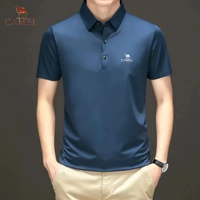 High End Embroidered CAMEL Silkworm Silk Ice Cool Polo Shirt Summer Men\'s Fashion Business Leisure Breathable Short Sleeved T-sh