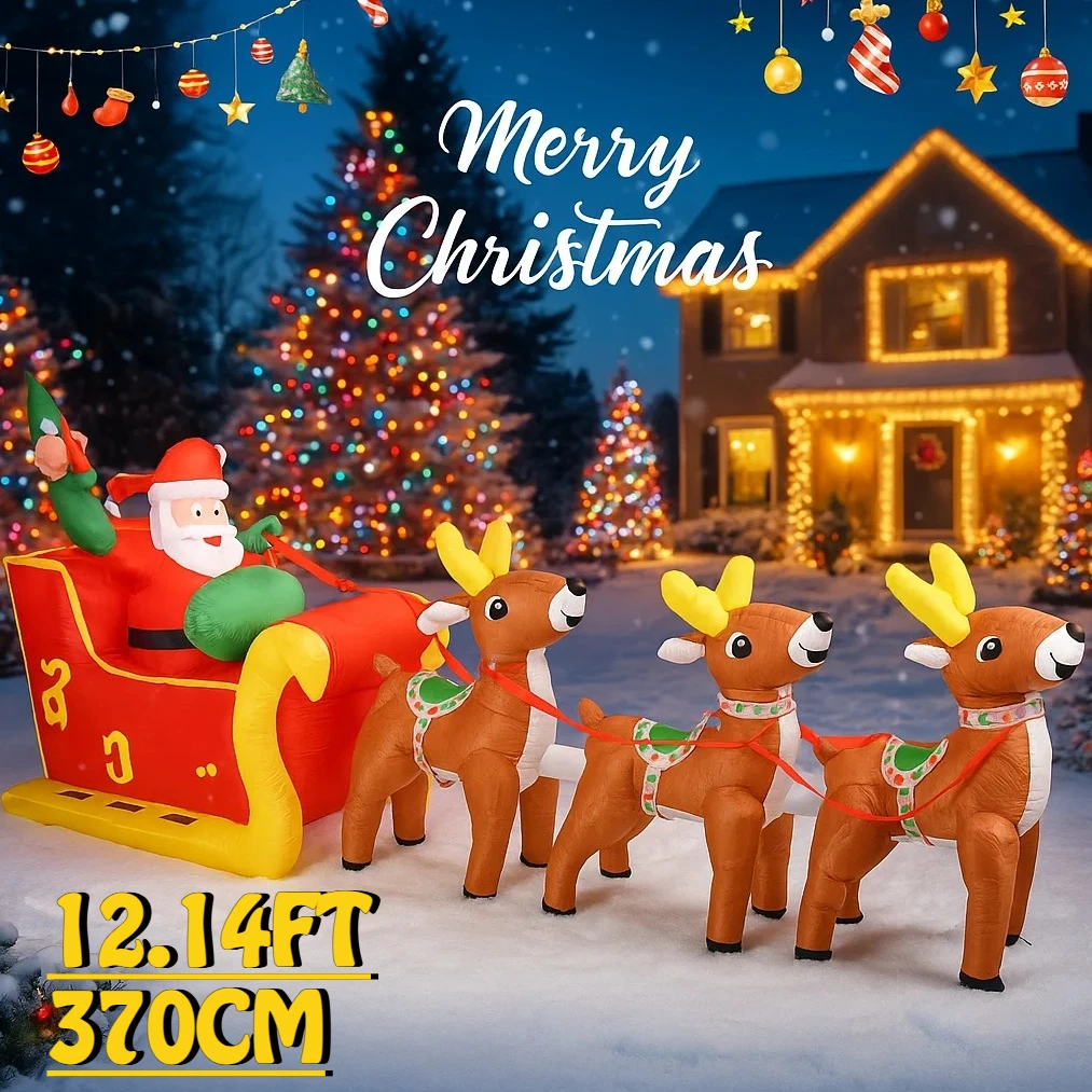 12.14FT Inflatable Toy Sleigh Reindeer Santa LED Lit Xmas Yard Party Decoration Christmas Home Supplies Ornament Festive Gift