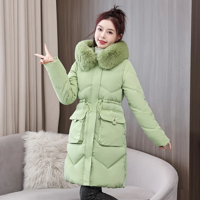 

Women Pleated Slimming Pea Green Cotton Padded acket Winter Overcoat Thicken Warm Fake Fur Collar Hooded Medium Long Coat