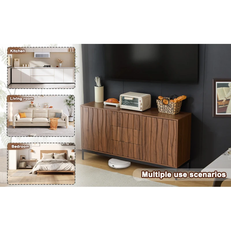 Buffet 150 cm en chêne foncé veiné, 3 tiroirs, grand buffet, armoire de cuisine, découpe monobloc, armoire décorative de style Mid-Century Modern pour cuisine, salon, entrée, couloir