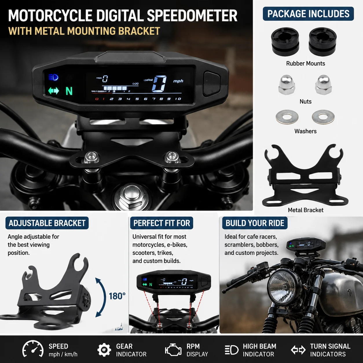 Adjustable HD VA LCD Motorcycle Speedometer Gauge Kit, Multi-Function Digital Dashboard with Tachometer Fuel Gauge Odometer