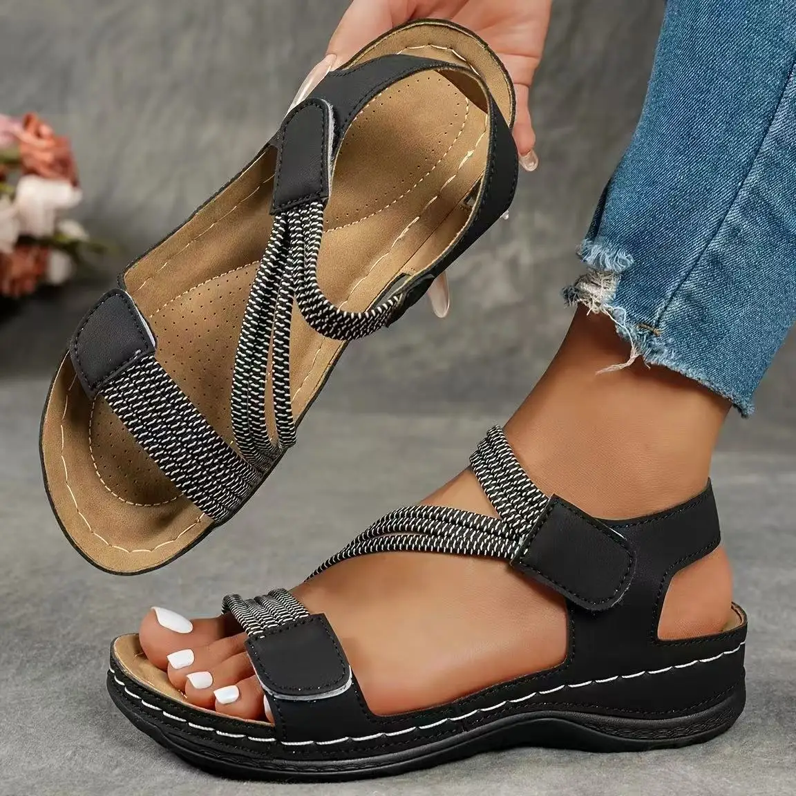 European and American Summer New Sandals Car Stitching Slope Heel Casual Velcro Rubber Large Sandals