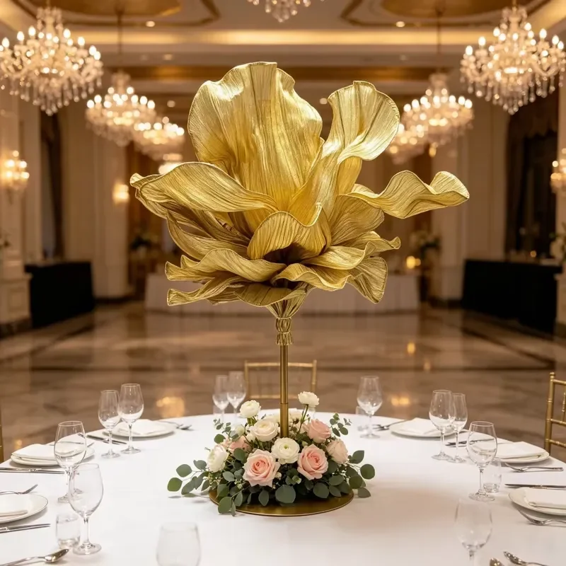 M971 Giant Gold Artificial Organza Flower Stand Wedding Decor Handmade Large Silk Flower Centerpiece Event Party Backdrop