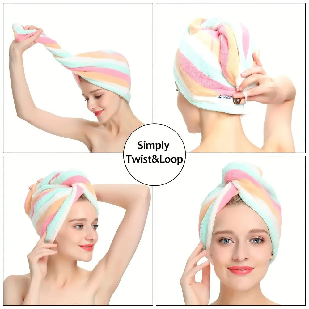 Gorro de toalla para el cabello ultraabsorbente de secado rápido para mujer, turbante de microfibra a rayas coloridas, ducha, baño, gimnasio, 25x65cm, ligero y suave
