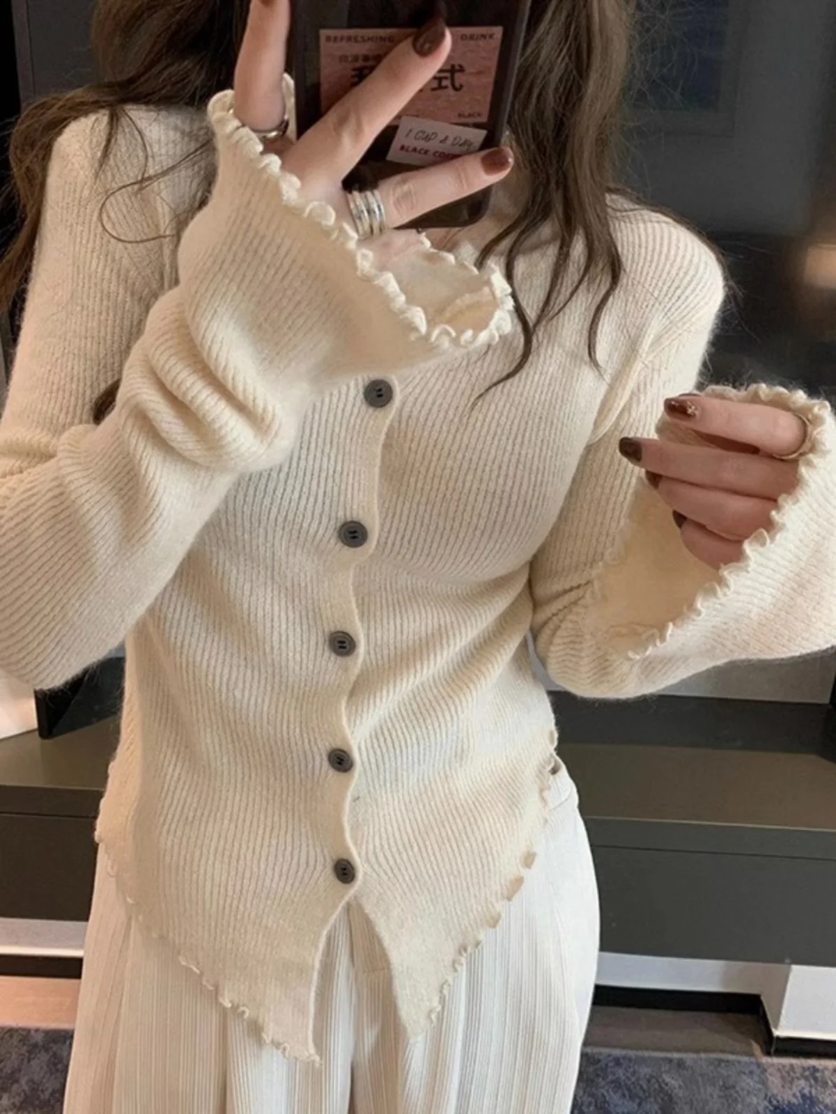 Black V-Neck Asymmetrical Knitted Cardigan Women's Slim Fit Bell Sleeve Top Commute Style Korean Version Long Sleeve Sweater view 3
