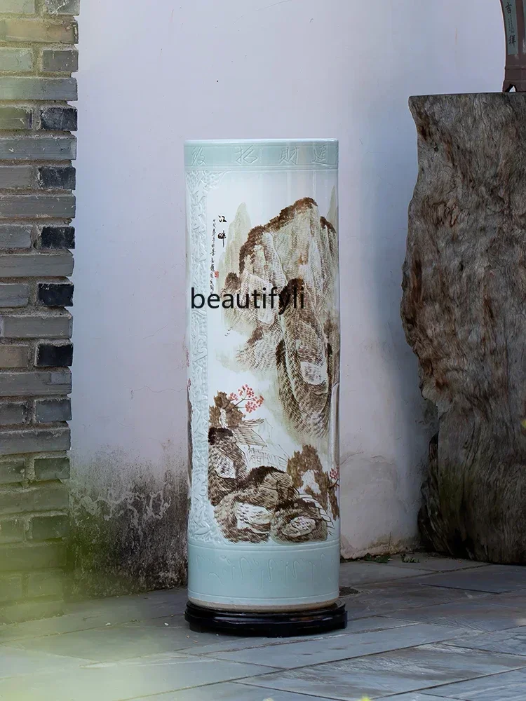 

Jingdezhen Porcelain Hand Painted Floor Vase Quiver Home Living Room Painting and Calligraphy Jar Hotel Opening Decoration