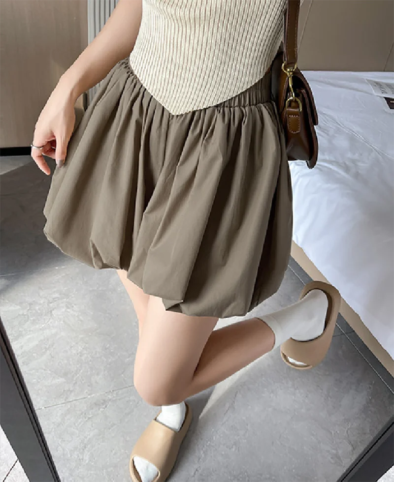 Cute Bud A-line Wide Leg Fluffy Loose Shorts White Brown Pink Black Elastic Waist Lantern Pants For Junior Women Fashion