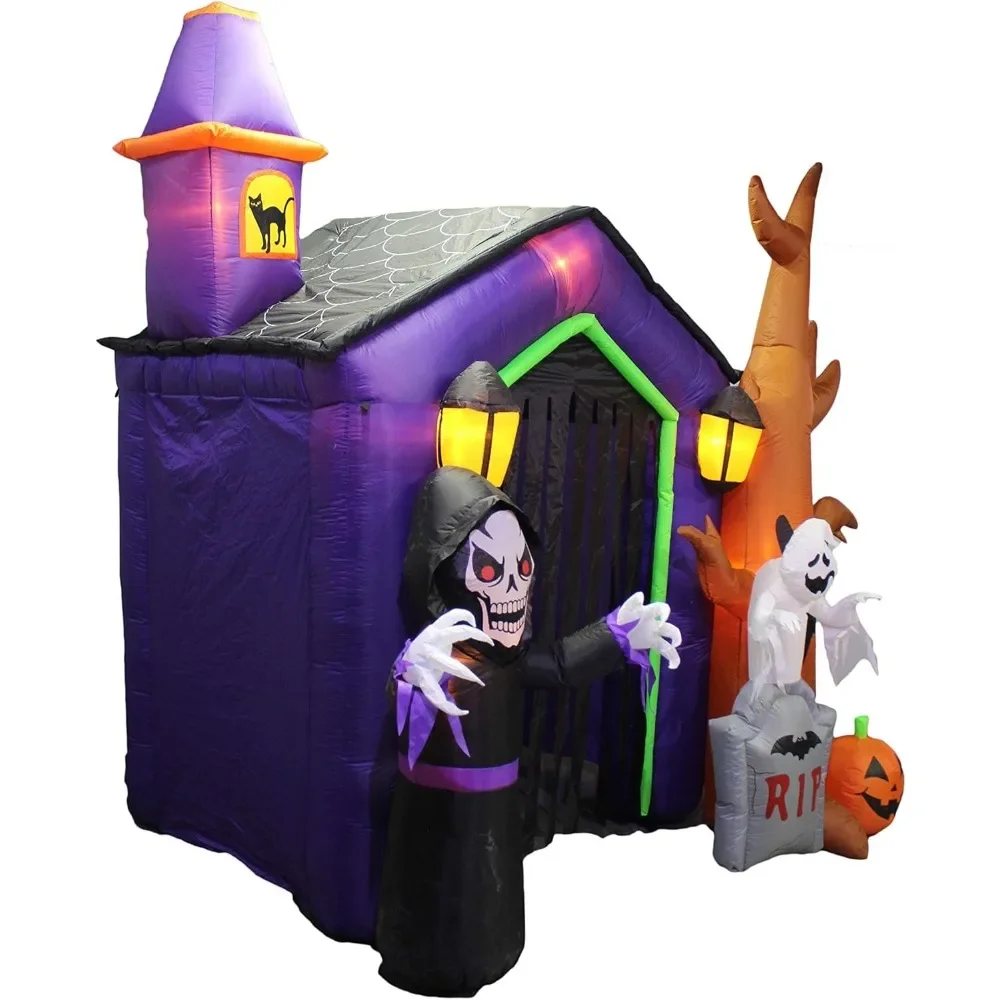 8.5 Foot Halloween Inflatable Haunted House Castle with Skeleton, Ghost, Tree and Pumpkin Lights Decor Outdoor Holiday Decor