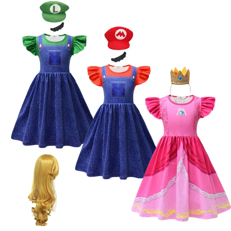 Anime Super Bros Costume for Kids Halloween Party Dresses Luigi-Lover Brothers Peach Princess Cosplay Clothes Girls Fancy Dress