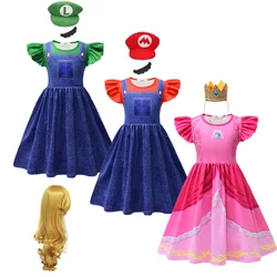 Anime Super Bros Costume for Kids Halloween Party Dresses Luigi-Lover Brothers Peach Princess Cosplay Clothes Girls Fancy Dress