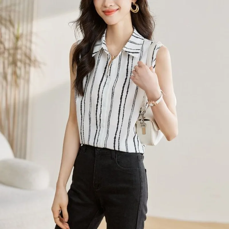 2024 Summer New Blouses Minimalist Commuter Comfortable Women\'s Spliced Polo Collar Single-breasted Striped Sleeveless Tank Tops