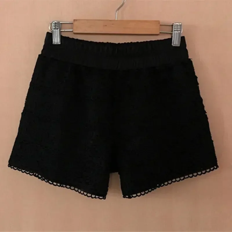 Calções de renda de cintura alta com elástico feminino, verão, fino, branco, calças, hotpants, C4078