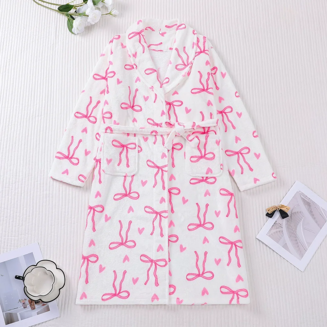 بيجامة نسائية بطابع عيد الميلاد بفيونكة وردية مطبوعة من الفلانيل ثوب نوم مخملي ثوب نوم ملابس منزلية ملابس نوم قماش شتاء دافئ