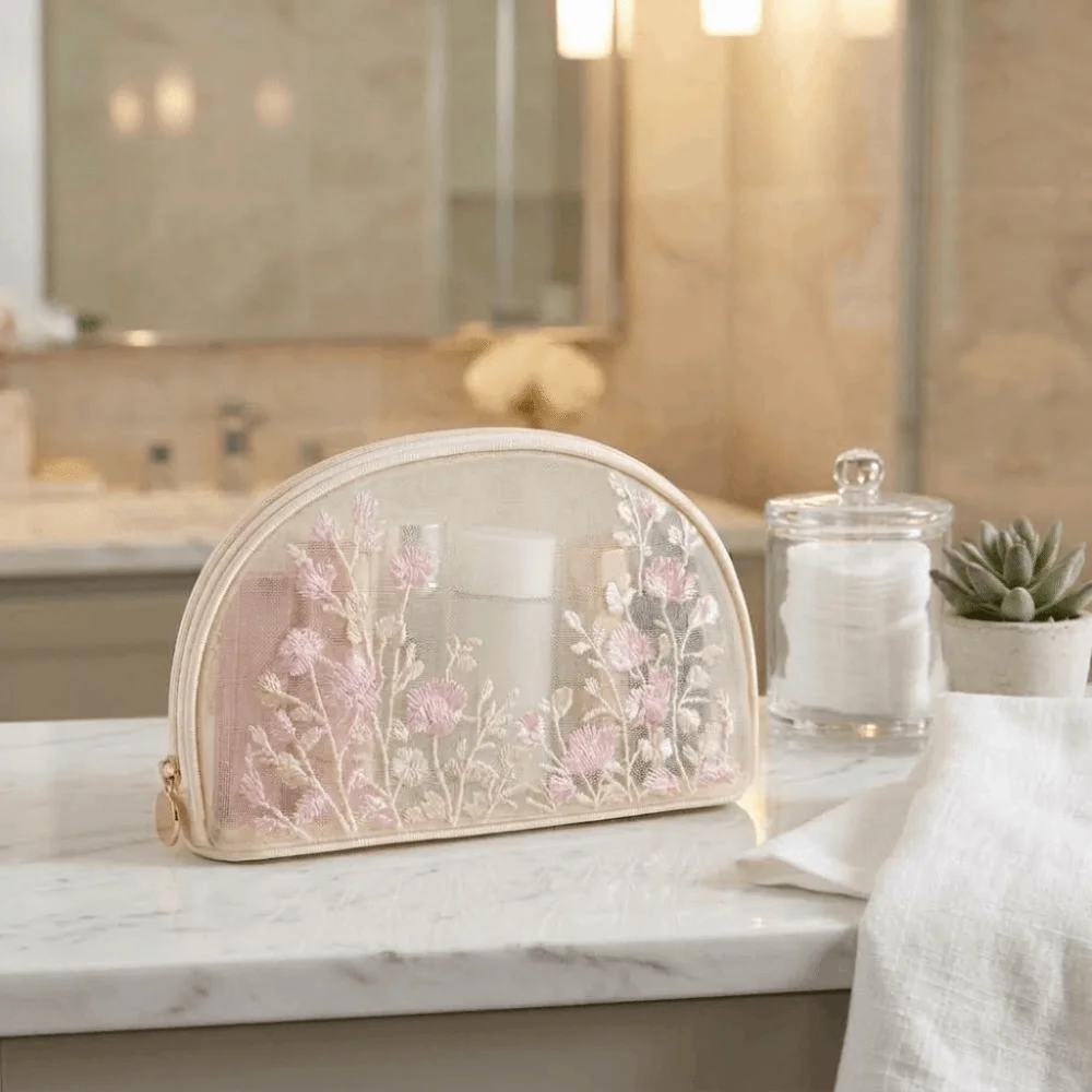 Embroidery Mesh Makeup Storage Bag Butterfly Handheld Travel Toiletry Bag Shell Transparent Cosmetic Pouch Sundries Organizer