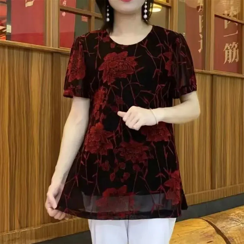 Stylish Floral Bright silk Gauze pullovers Summer Vintage Casual Loose Female clothing Round neck All-match short Sleeve T-shirt