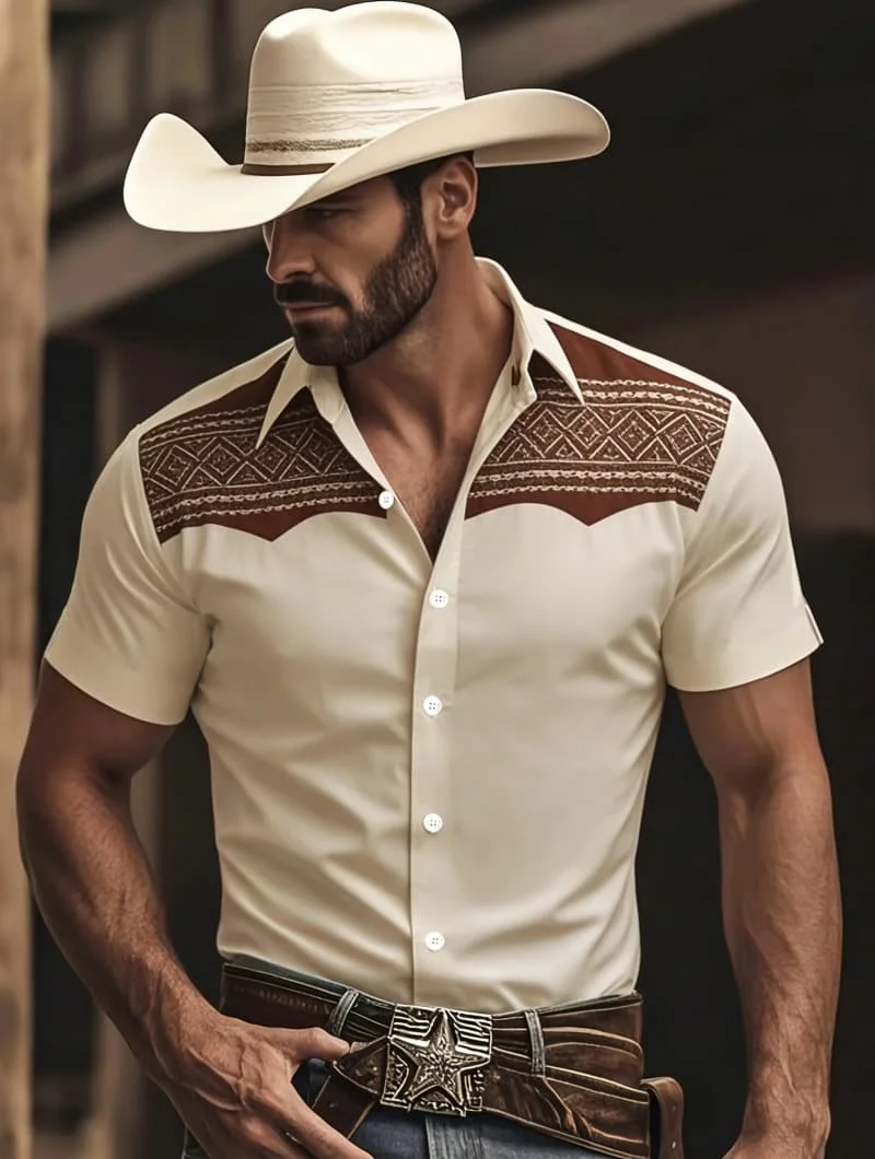 

Men's Casual Stylish Western Cowboy Print Short Sleeve Shirt Casual Fashion For Daily Wear And Summer Outings
