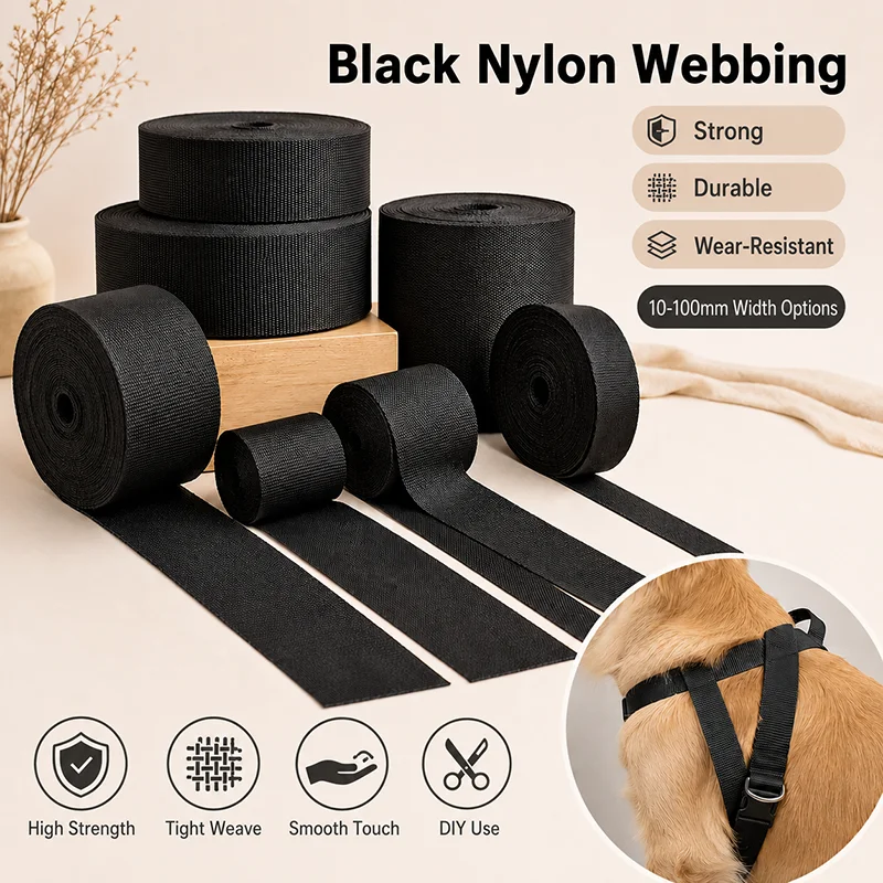 

10M 10-100mm Black Nylon Webbing Tape for Pet Collar Leash Harness Dog Safety Strap Adjustable Binding Replacement Material Roll
