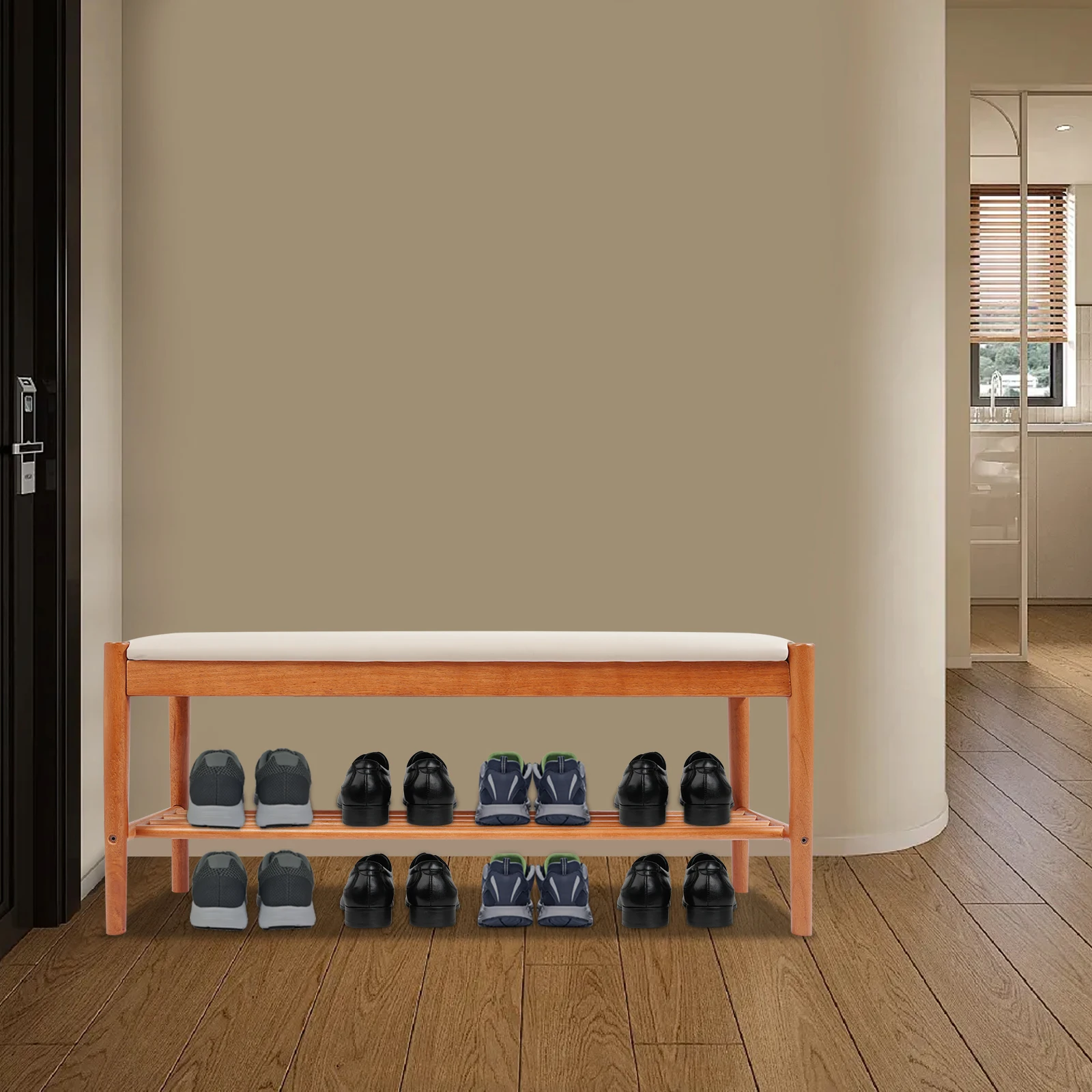 

100cm Double-Layer Cherry Wood Color Shoe-Changing Stool with Cushion for Entrance Corridor Bathroom Living Room