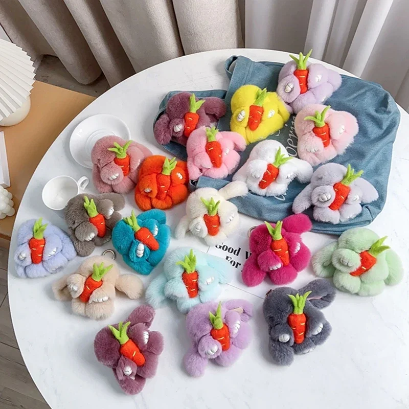 الجزرة الأرنب الصغير المفاتيح النساء الفراء الحقيقي أرنب حلقة رئيسية أفخم الدمى لعبة الفتيات حقيبة مفتاح حامل