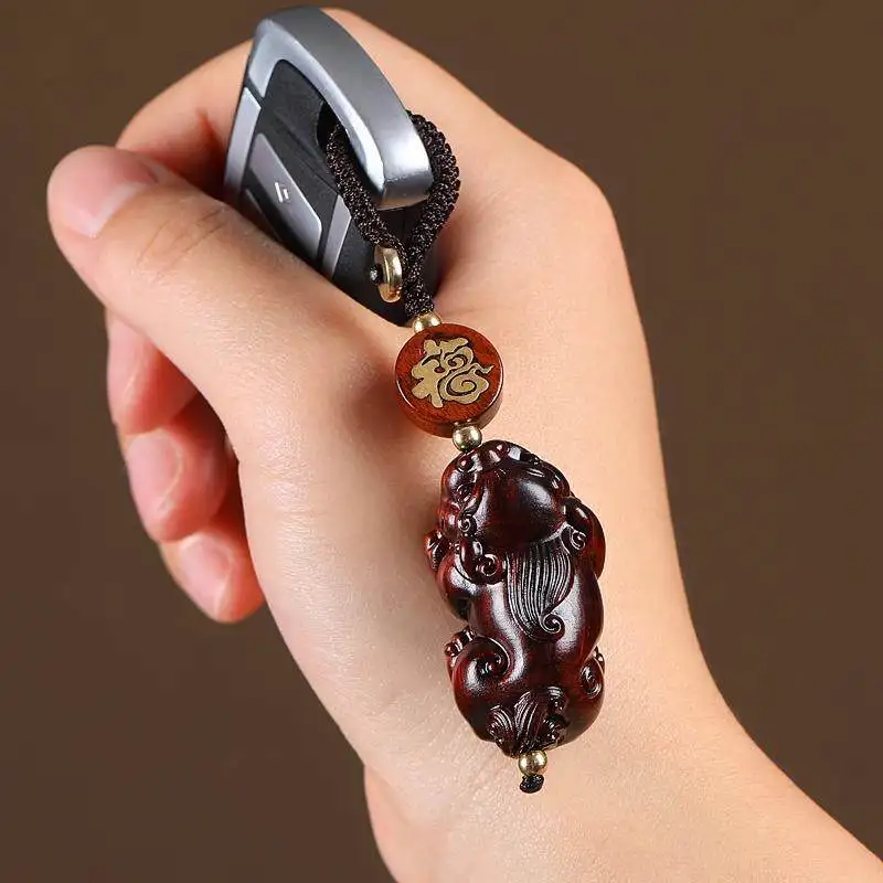 Natural Red Sandalwood Pixiu Car Keychain Exquisite Pendant for Couples Men Women Bags Keys Gifts