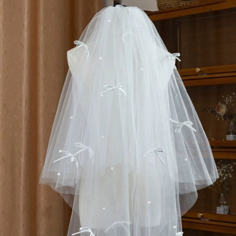 Bride Veil Studded Bowknot Beaded Head Covering Wedding Hair Covering White Wedding Veil Headscarf Short Veil DropShip image 3