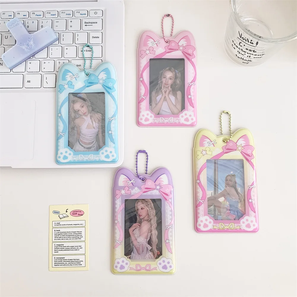 PVC Cartoon Cute Bowknot Photo Card Holder Pockets for 3.1x5.1 Inch Mini Photo Sticker & Name Card 3 Inch Photos with Key Chain