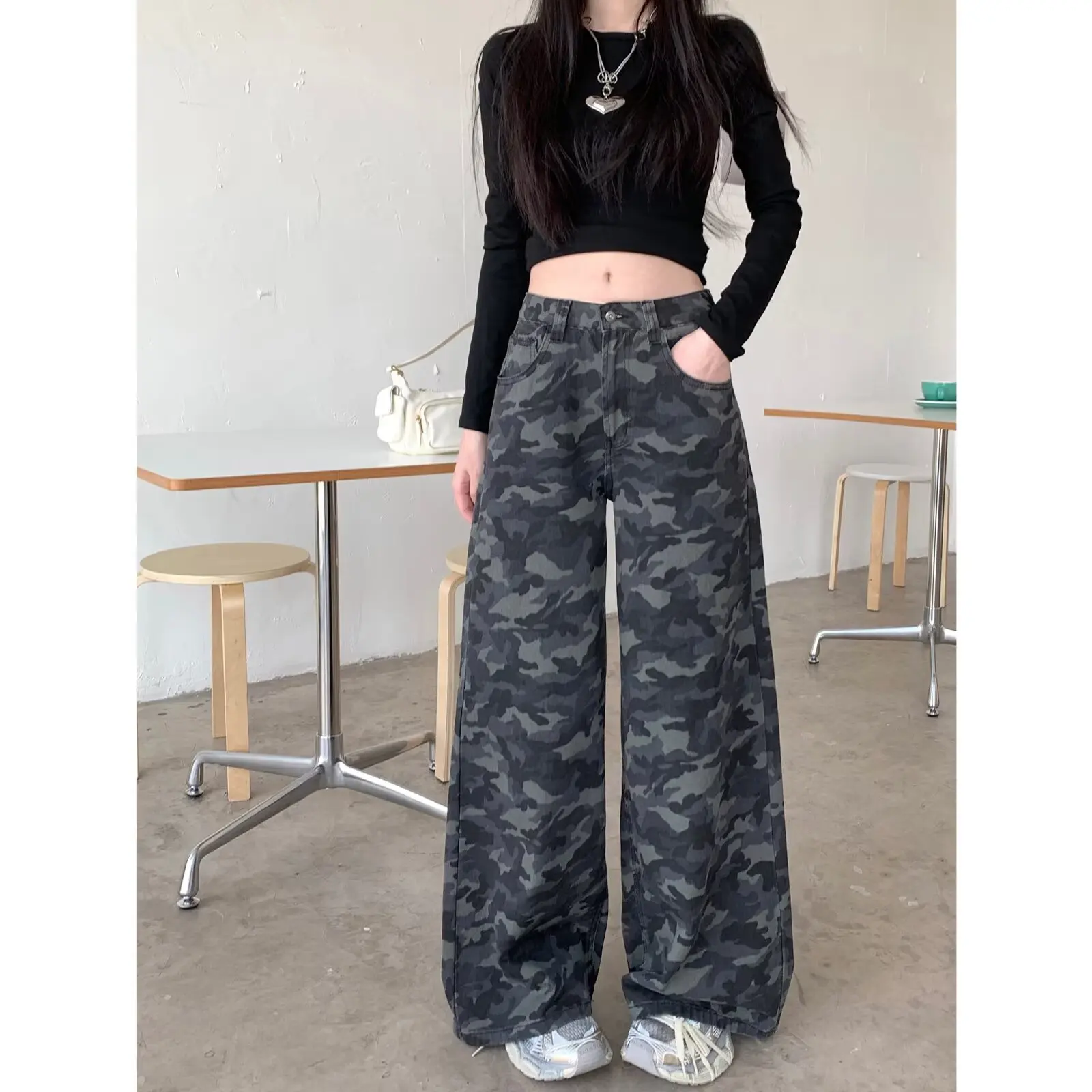 Jean camouflage à jambes larges pour hommes et femmes, nouveau style 2025 pour le printemps et l'automne, taille haute, coupe ample, amincissant, Vin américain