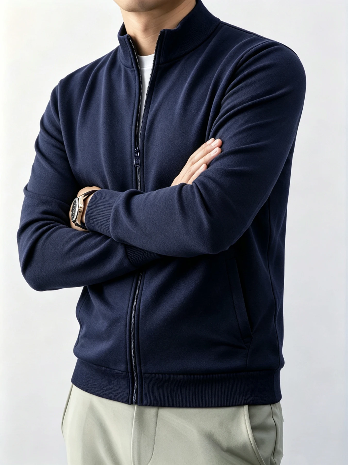 Men Full Zip Sweatshirt Jacket Stand CollarJacketSide Hand Pockets  Solid Color Versatile Casual & Business‑Casual Style
