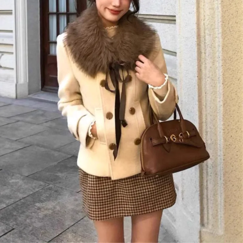 Japanese Y2K Vintage Short Skirt Set Waisted Double-Breasted Single-Sided Tilted Jacket Warm Wool Necklace Ropa Para Mujer