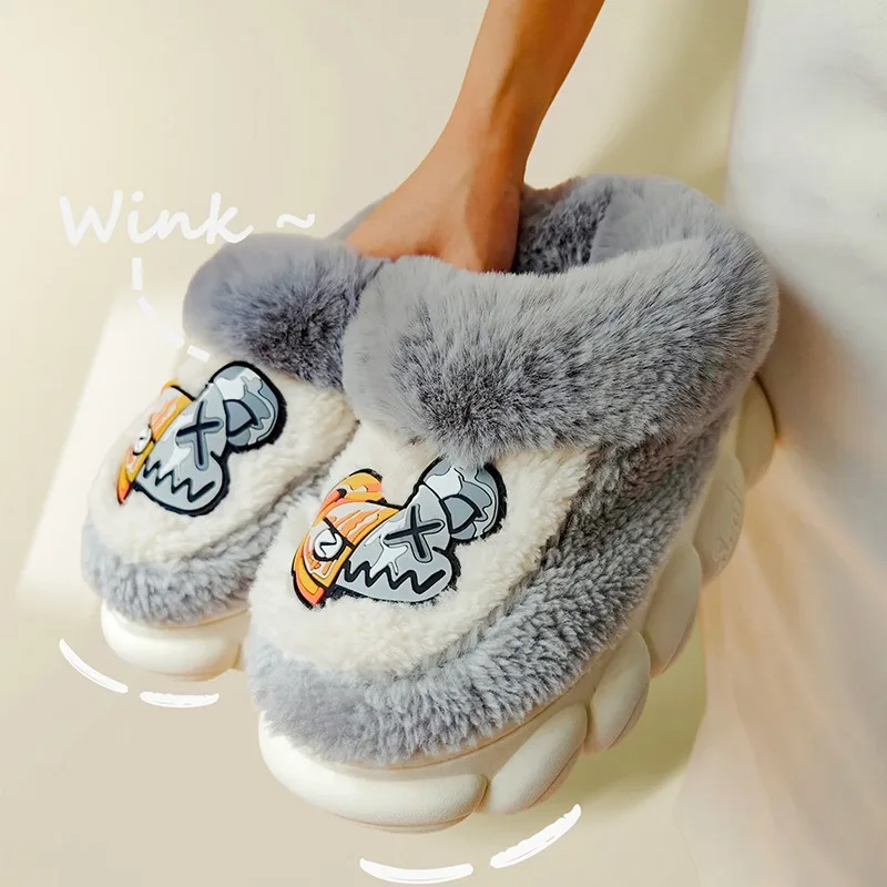 Women Winter Warm Shoes Hightop Suede Plush Cotton Slippers Thick Bottom Home Non-slip Slide Plush Couple Outdoor Men Snow Boots