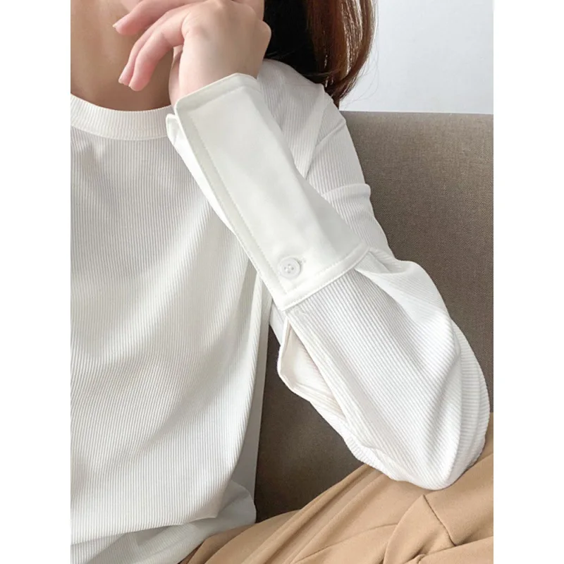 

Осень 2025 г., новинка, хлопковая круглая шея с резьбой, сращенная ​ ​ Рубашка с рукавами, женская футболка средней длины, свободная, с длинными рукавами