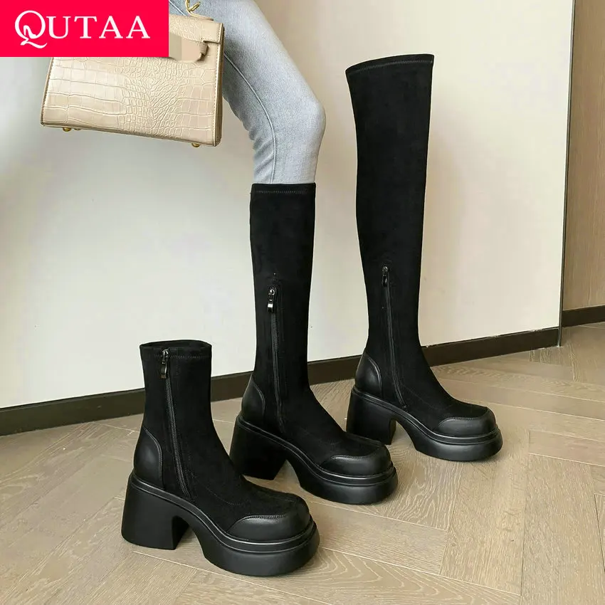 QUTAA 2024 Elegant Women Knee-High Boots Supper High Heels Flock Round Toe Shoes Woman Slim High Boots Autumn Winter Size 34-39