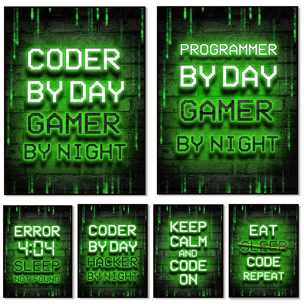 Neon Sign Gamer Hacker Code Programmer Art Canvas Paintings Posters and Prints Wall Art Pictures Gamer for Bedroom Decoration