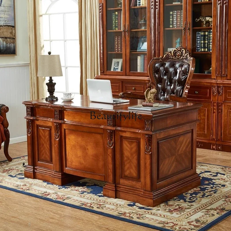 

European-Style Solid Wood Desk Home American-Style High-End Vintage Engraving Villa Computer Desk