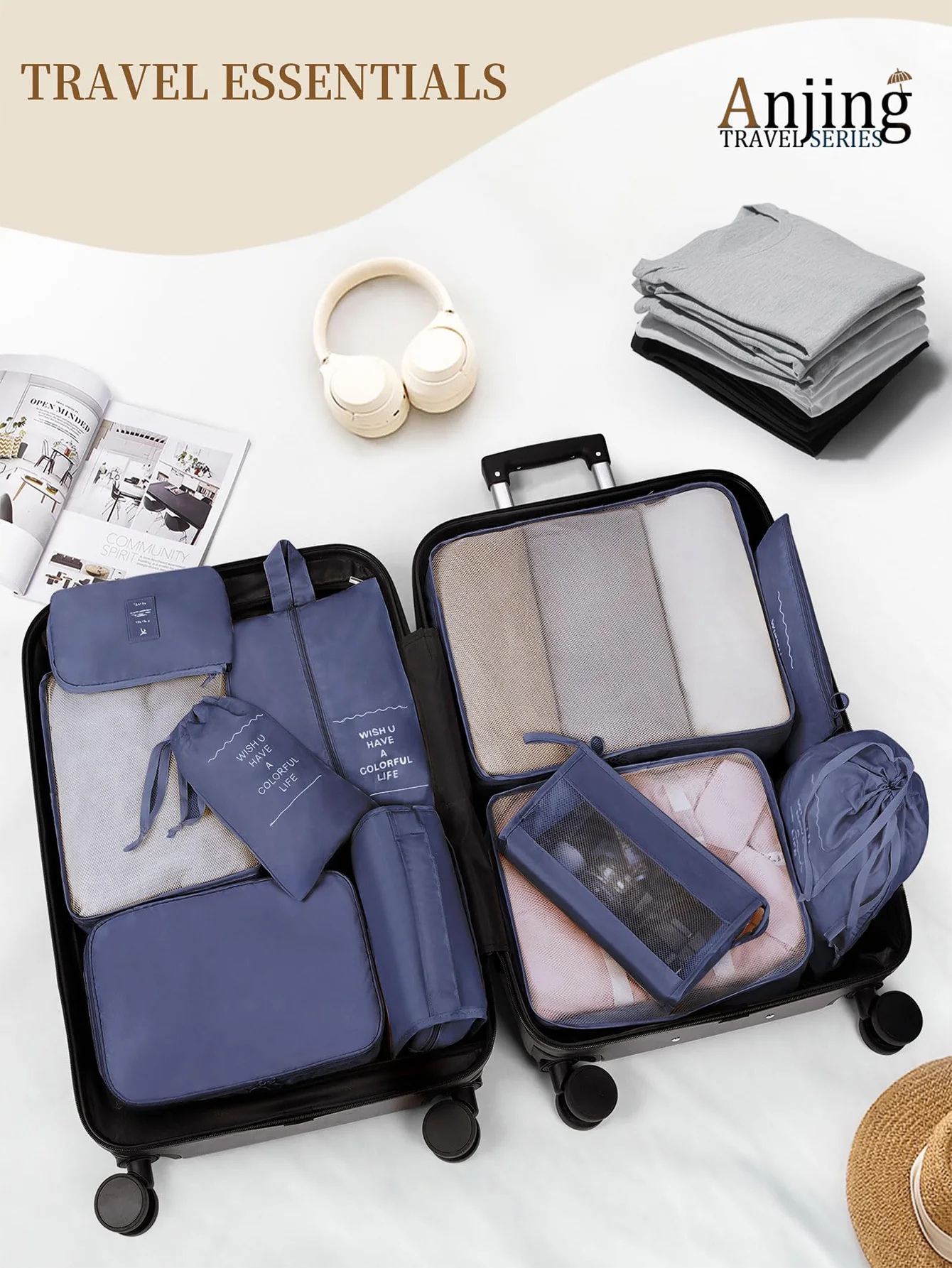 11-Piece Portable Travel Storage Bag Set - Easily Organize Your Clothes, Shoes, and Underwear - Perfect for Daily Trips, Business Trips, Home Storage, Suitable for Luggage and Suitcases, Travel Storage Bags with Packaging Slogans and Designs, Portable Shoe and Toiletry Bags, Laundry Bags, Essential Items for Back-To-School Season and Dormitory Students