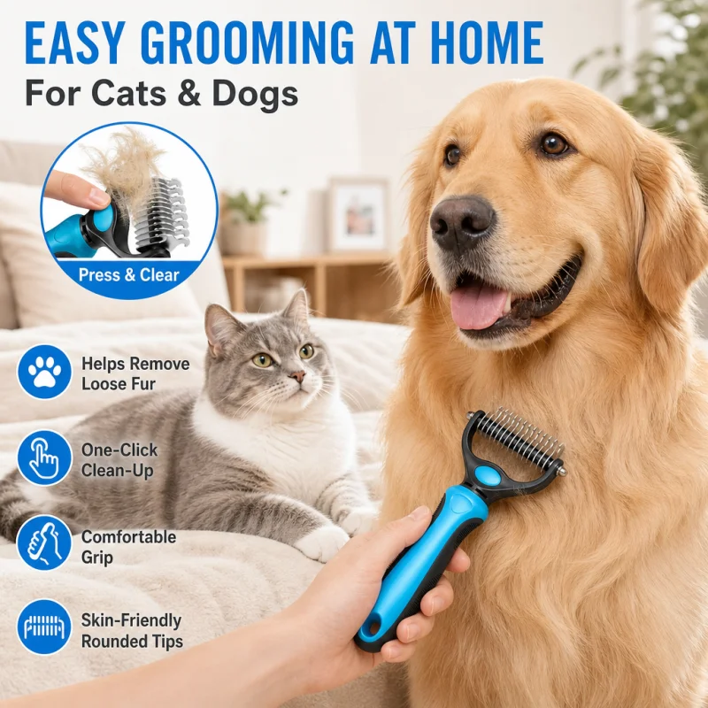 Pet Deshedding Brush Dog 2in1 Stainless Hair Remover Pet Fur Knot Cutter Puppy Cat Comb Brushes Dogs Grooming Shedding Supplies
